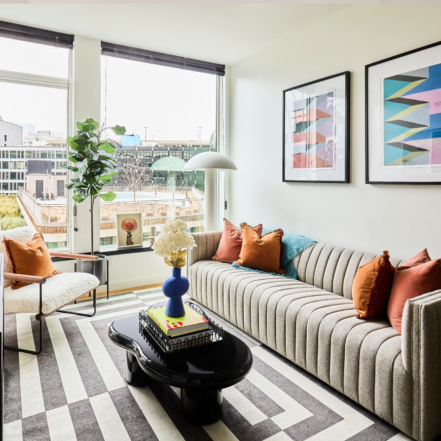 View of the designer living room details including oversized windows at Stamford Urby - luxury Stamford CT apartments for rent